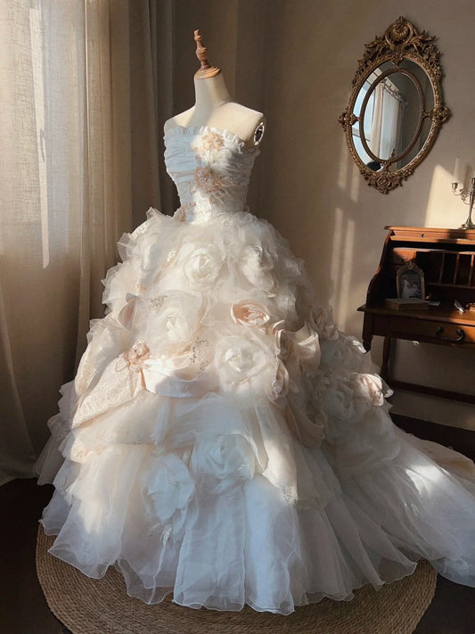 Beauty Wedding Dress Strapless Flower Pleated Tulle Wedding Dress  D4351