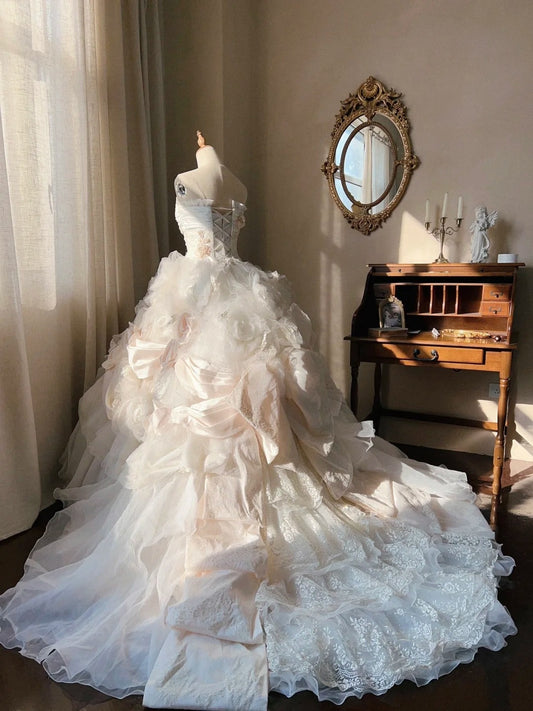 Beauty Wedding Dress Strapless Flower Pleated Tulle Wedding Dress  D4351