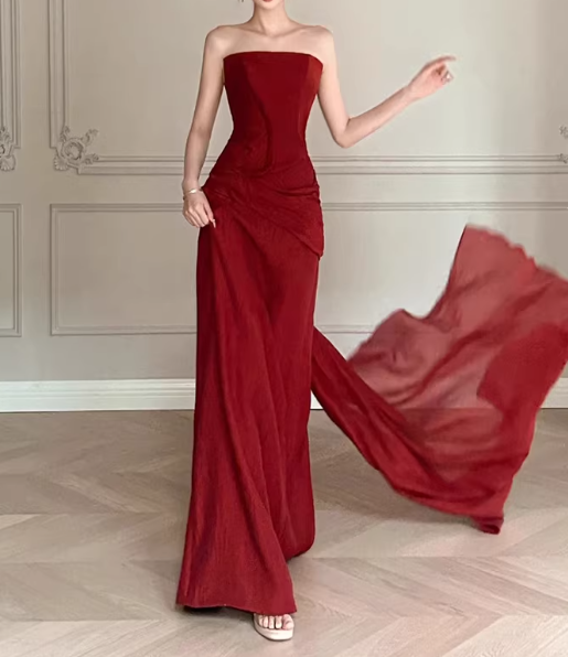 Elegant Prom Dress Wine Red Strapless Gala Dress Evening Dress Formal Dress   D4378