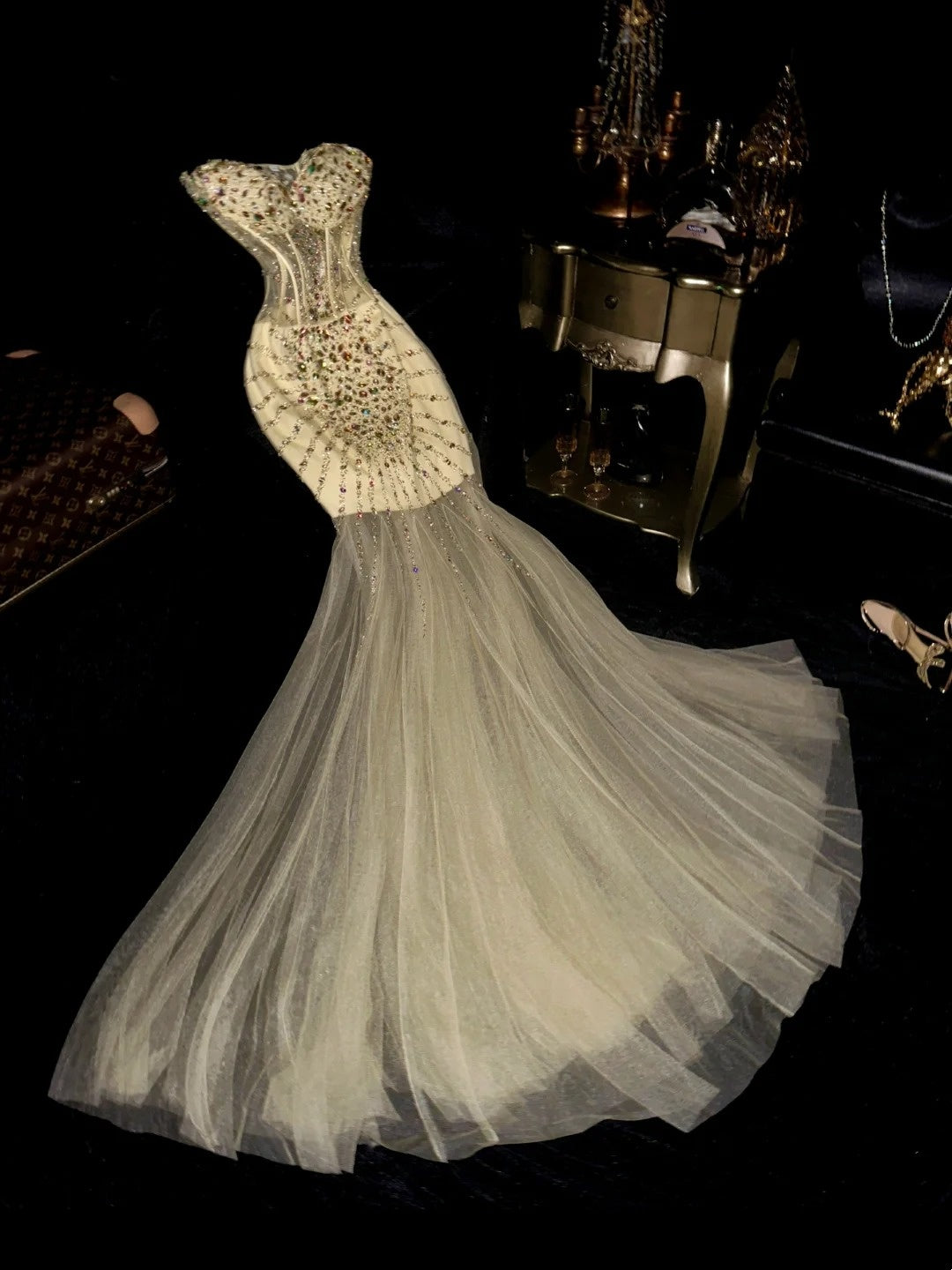 Glänzendes Ballkleid mit herzförmigem Pailletten-Meerjungfrauen-Abendkleid, Galakleid, Geburtstagspartykleid, D3415