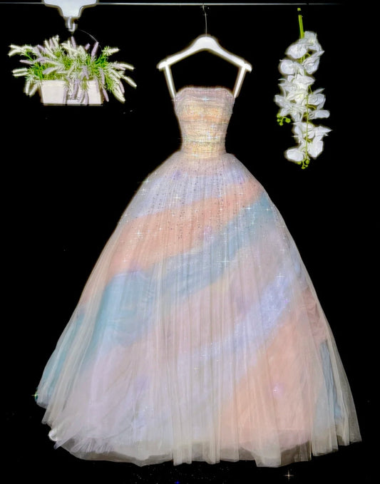 Colorful Prom Dress Strapless Pleated Tulle Evening Dress Quinceanera Dress Ball Gown      D4464