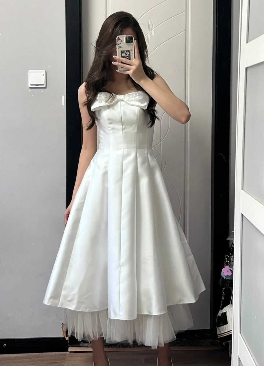 Charming Prom Dress White Strapless Pleated Gala Dress Evening Dress Cocktail Dress  D4492