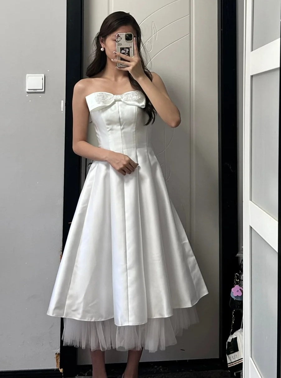 Charming Prom Dress White Strapless Pleated Gala Dress Evening Dress Cocktail Dress  D4492