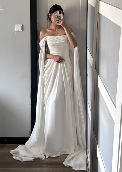 Minimalist Wedding Dress Off Shoulder Pleated Wedding Dress  D4496
