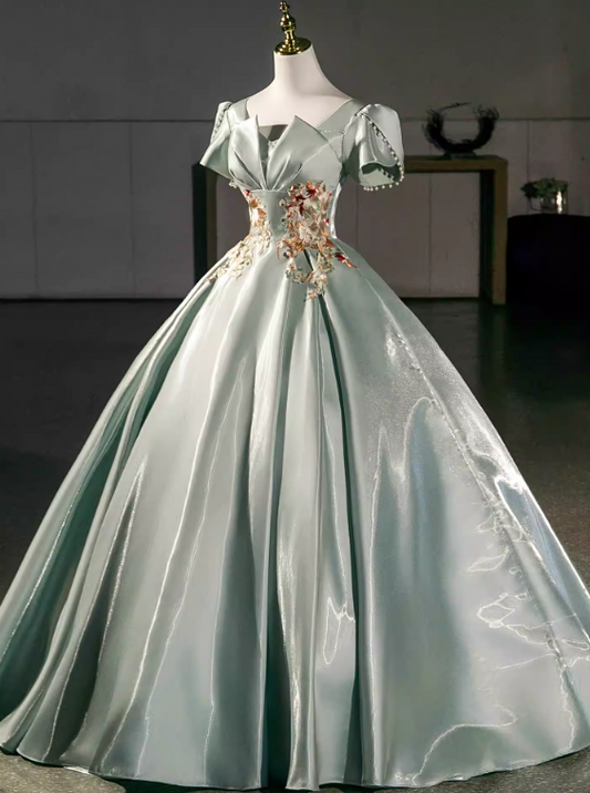 Elegant Prom Dress Light Green Square Neck Pleated Evening Dress Quinceanera Dress Ball Gown      D4508