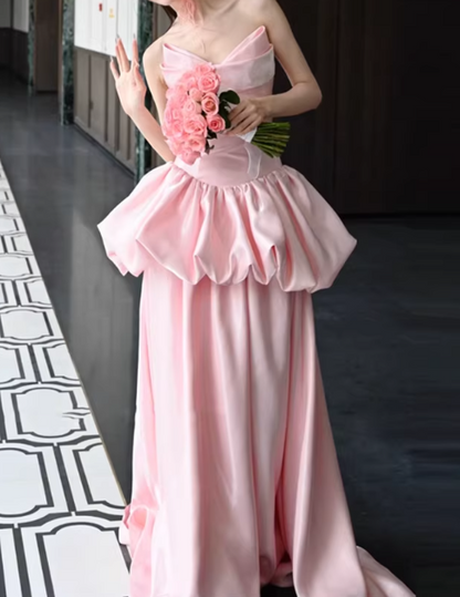 Cute Prom Dress Light Pink V-neck Pleated Gala Dress Evening Dress Formal Dress  D4509