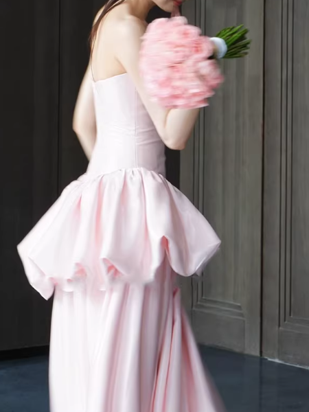 Cute Prom Dress Light Pink V-neck Pleated Gala Dress Evening Dress Formal Dress  D4509