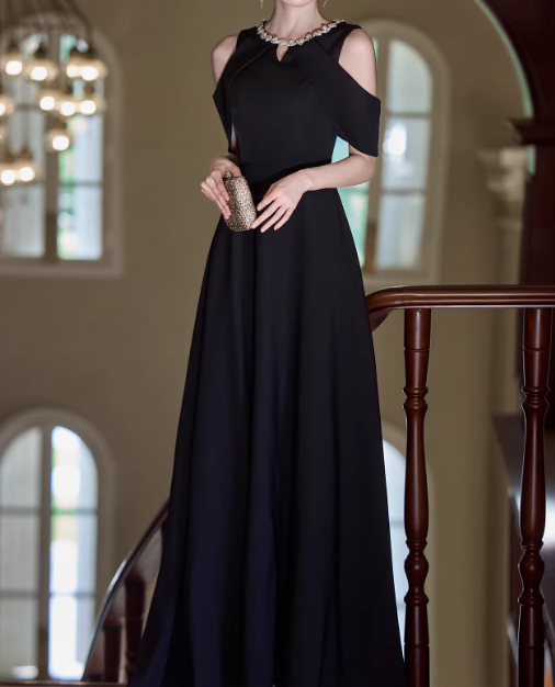 MInimalist Prom Dress Black Crew Neck Gala Dress Evening Dress Formal Dress  D4512
