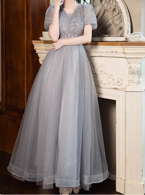 Shiny Prom Dress Short Sleeves Tulle Pleated Gala Dress Evening Dress Formal Dress  D4513