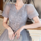 Shiny Prom Dress Short Sleeves Tulle Pleated Gala Dress Evening Dress Formal Dress  D4513