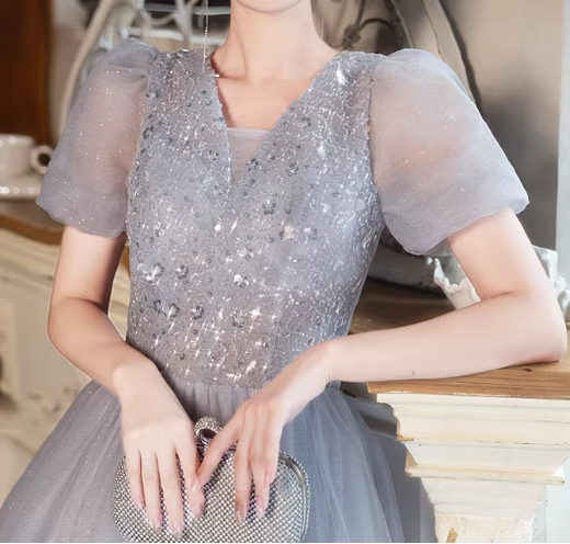 Shiny Prom Dress Short Sleeves Tulle Pleated Gala Dress Evening Dress Formal Dress  D4513