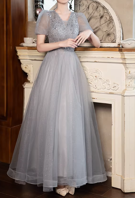 Shiny Prom Dress Short Sleeves Tulle Pleated Gala Dress Evening Dress Formal Dress  D4513