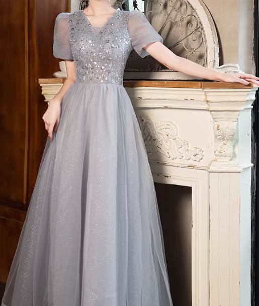 Shiny Prom Dress Short Sleeves Tulle Pleated Gala Dress Evening Dress Formal Dress  D4513