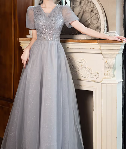 Shiny Prom Dress Short Sleeves Tulle Pleated Gala Dress Evening Dress Formal Dress  D4513