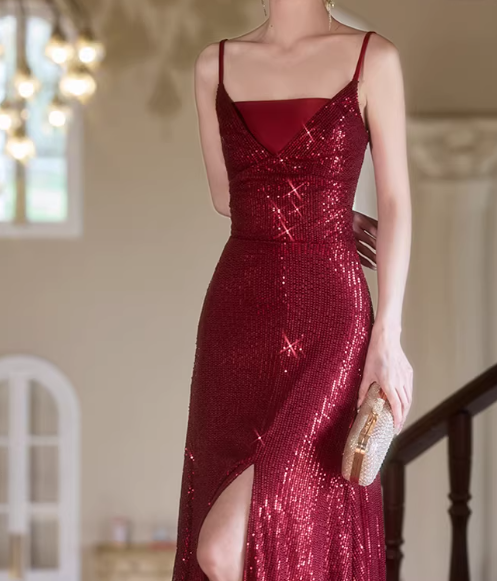 Shiny Prom Dress Spaghetti Straps Slit Gala Dress Evening Dress Formal Dress  D4514