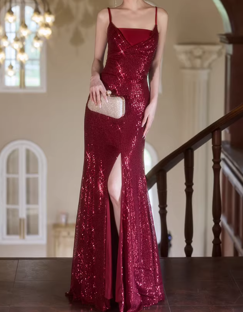 Shiny Prom Dress Spaghetti Straps Slit Gala Dress Evening Dress Formal Dress  D4514