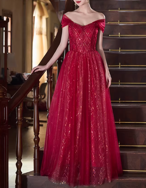Shiny Prom Dress Off Shoulder Pleated Gala Dress Evening Dress Formal Dress  D4515
