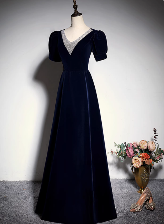 Elegant Prom Dress Dark Blue A Line V-neck Gala Dress Evening Dress Formal Dress  D4517