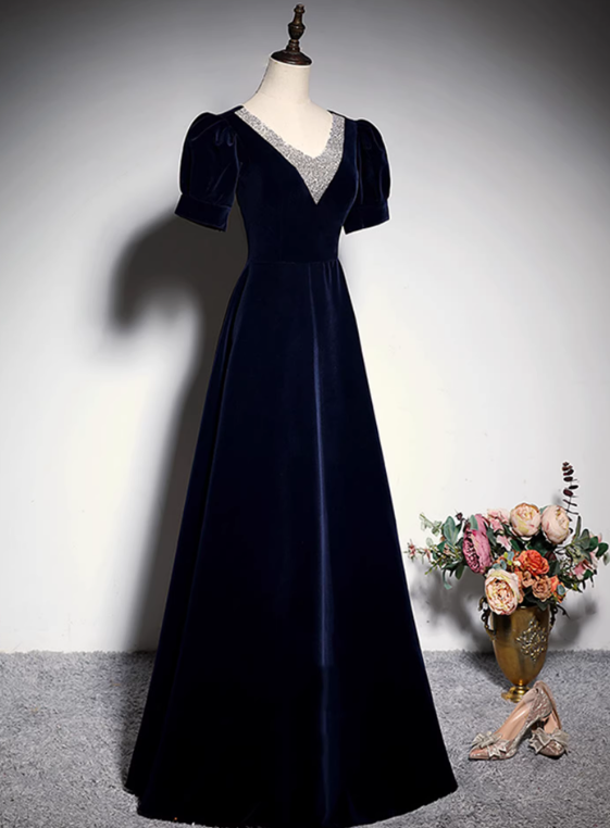 Elegant Prom Dress Dark Blue A Line V-neck Gala Dress Evening Dress Formal Dress  D4517