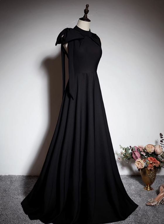 Minimalist Prom Dress Black A Line Crew Neck Pleated Gala Dress Evening Dress Formal Dress  D4519
