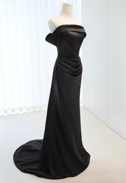 Minimalist Prom Dress Black Off Shoulder Pleated Gala Dress Evening Dress Formal Dress  D4525