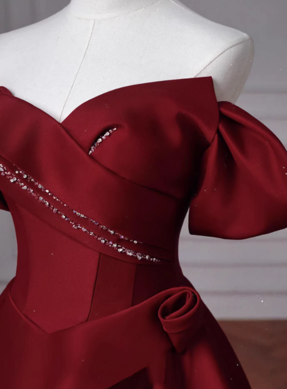 Shiny Prom Dress Wine Red Off Shoulder Pleated Gala Dress Evening Dress Formal Dress  D4536
