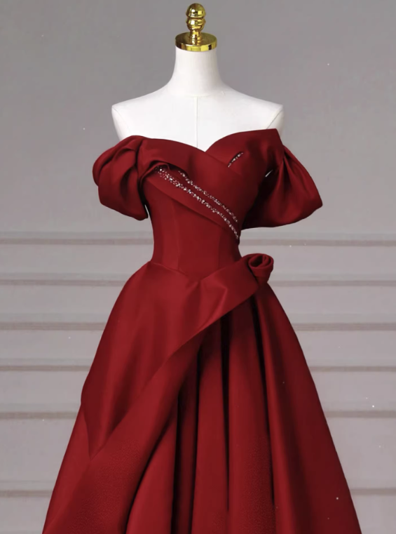 Shiny Prom Dress Wine Red Off Shoulder Pleated Gala Dress Evening Dress Formal Dress  D4536