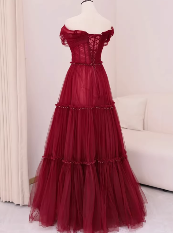 Stunning Prom Dress Wine Red Off Shoulder Pleated Tulle Gala Dress Evening Dress Formal Dress  D4543