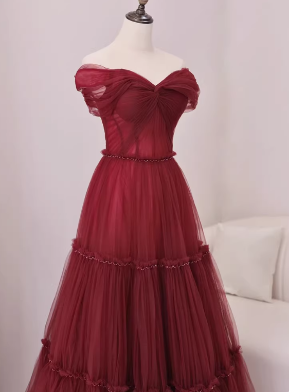 Stunning Prom Dress Wine Red Off Shoulder Pleated Tulle Gala Dress Evening Dress Formal Dress  D4543