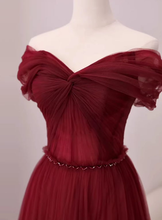 Stunning Prom Dress Wine Red Off Shoulder Pleated Tulle Gala Dress Evening Dress Formal Dress  D4543