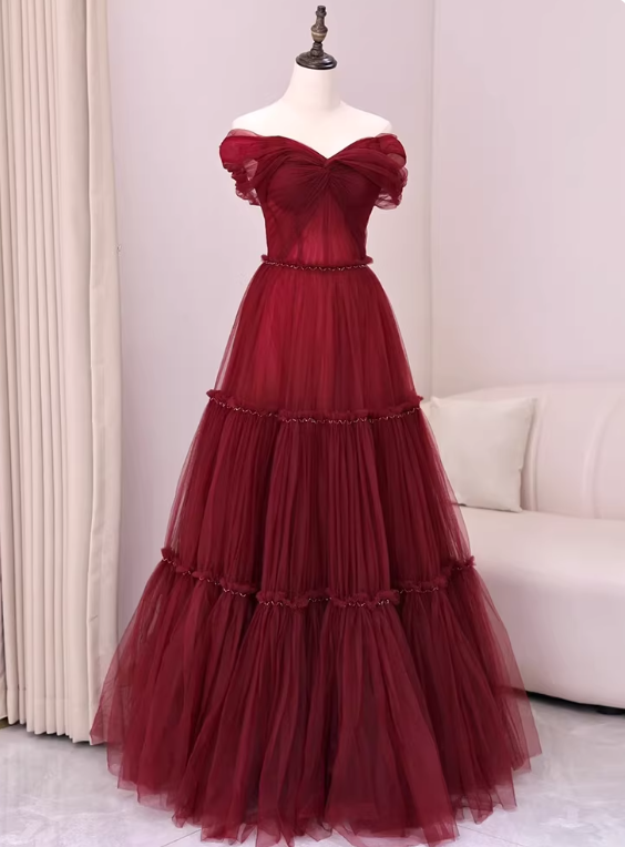 Stunning Prom Dress Wine Red Off Shoulder Pleated Tulle Gala Dress Evening Dress Formal Dress  D4543