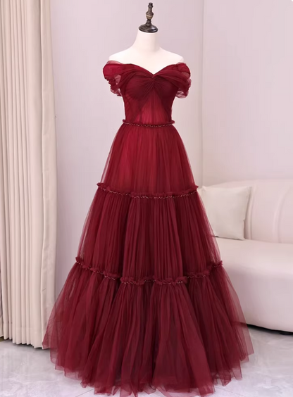 Stunning Prom Dress Wine Red Off Shoulder Pleated Tulle Gala Dress Evening Dress Formal Dress  D4543