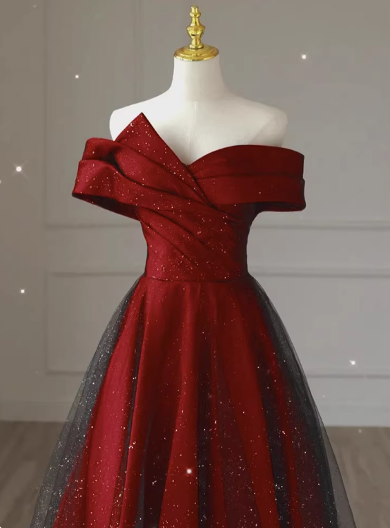 Shiny Prom Dress Off Shoulder Pleated Tulle Gala Dress Evening Dress Formal Dress  D4545