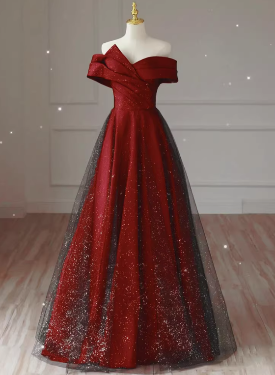 Shiny Prom Dress Off Shoulder Pleated Tulle Gala Dress Evening Dress Formal Dress  D4545