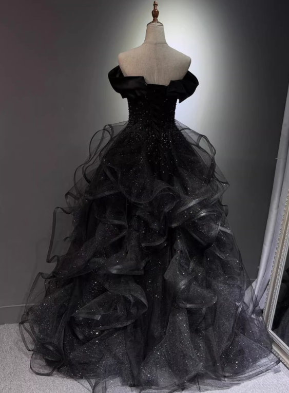New Arrival Prom Dress Black Off Shoulder Tulle Gala Dress Evening Dress Formal Dress  D4553