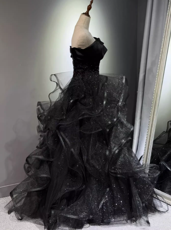 New Arrival Prom Dress Black Off Shoulder Tulle Gala Dress Evening Dress Formal Dress  D4553