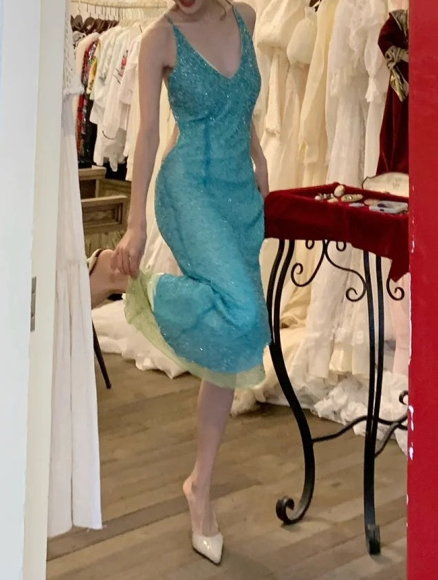 Shiny Prom Dress V-neck Backless Gala Dress Cockatail Dress Evening Dress  D4566