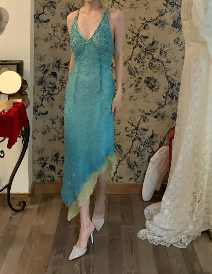 Shiny Prom Dress V-neck Backless Gala Dress Cockatail Dress Evening Dress  D4566