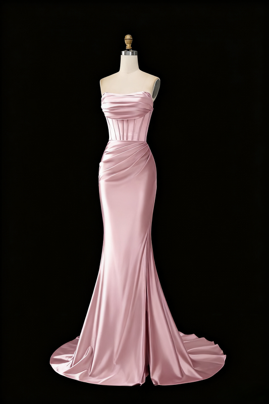 Light Pink Strapless Satin Black Girl Long Party Dress Birthday Outfits MD7772