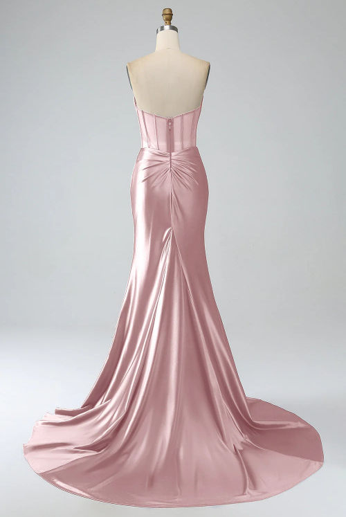 Light Pink Strapless Satin Black Girl Long Party Dress Birthday Outfits MD7772
