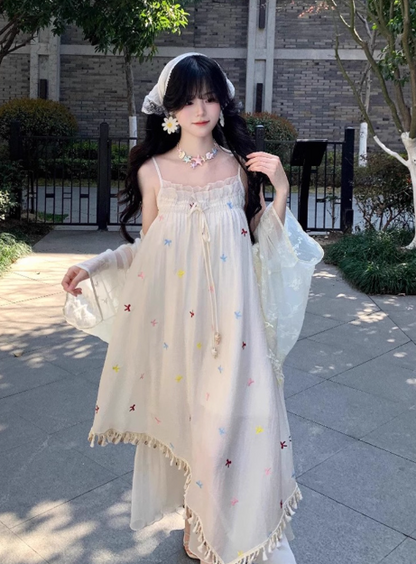Vacation Spaghetti Straps Pleated Bowknot Embroidered Asymmetrical Hem Maxi Summer Dress Women Dress D2000