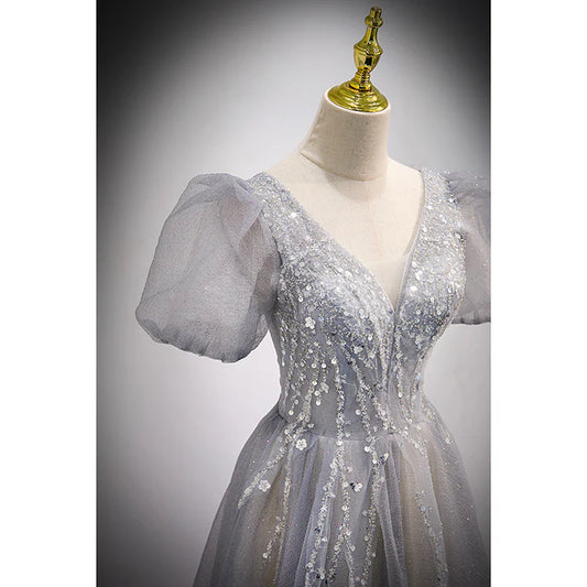 Gray A-Line Sequins Short Sleeves Formal Evening Dress Long Prom Dress MD7544