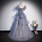 Gray A Line Prom Dress Puff Sleeves Formal Evening Dress Sweet Party Dress MD7563