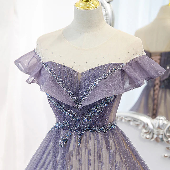 Purple Shiny A Line Tulle Prom Dress Off Shoulder Long Evening Gown MD7564