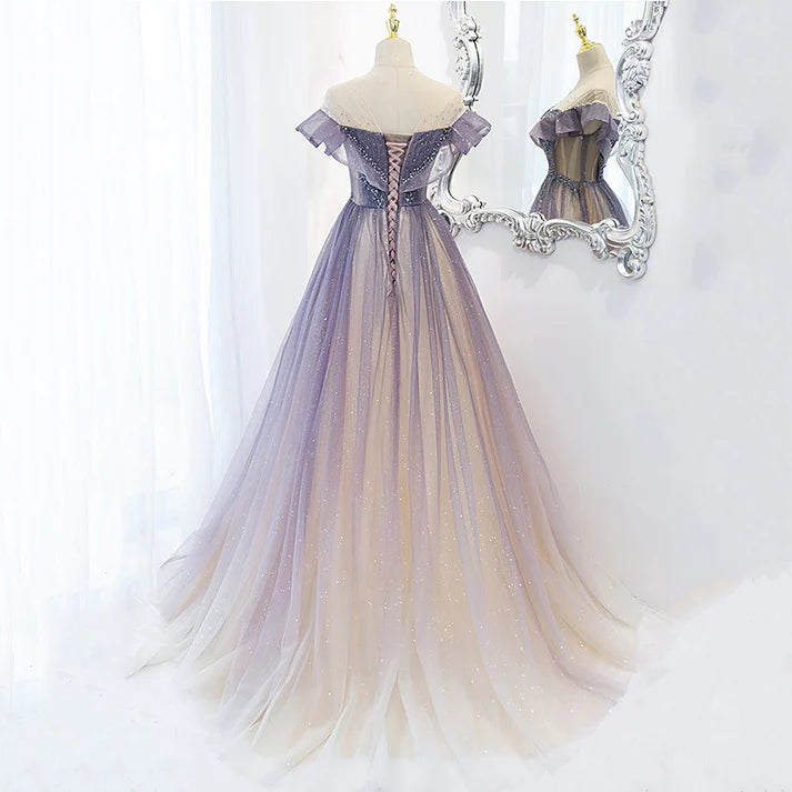 Purple Shiny A Line Tulle Prom Dress Off Shoulder Long Evening Gown MD7564