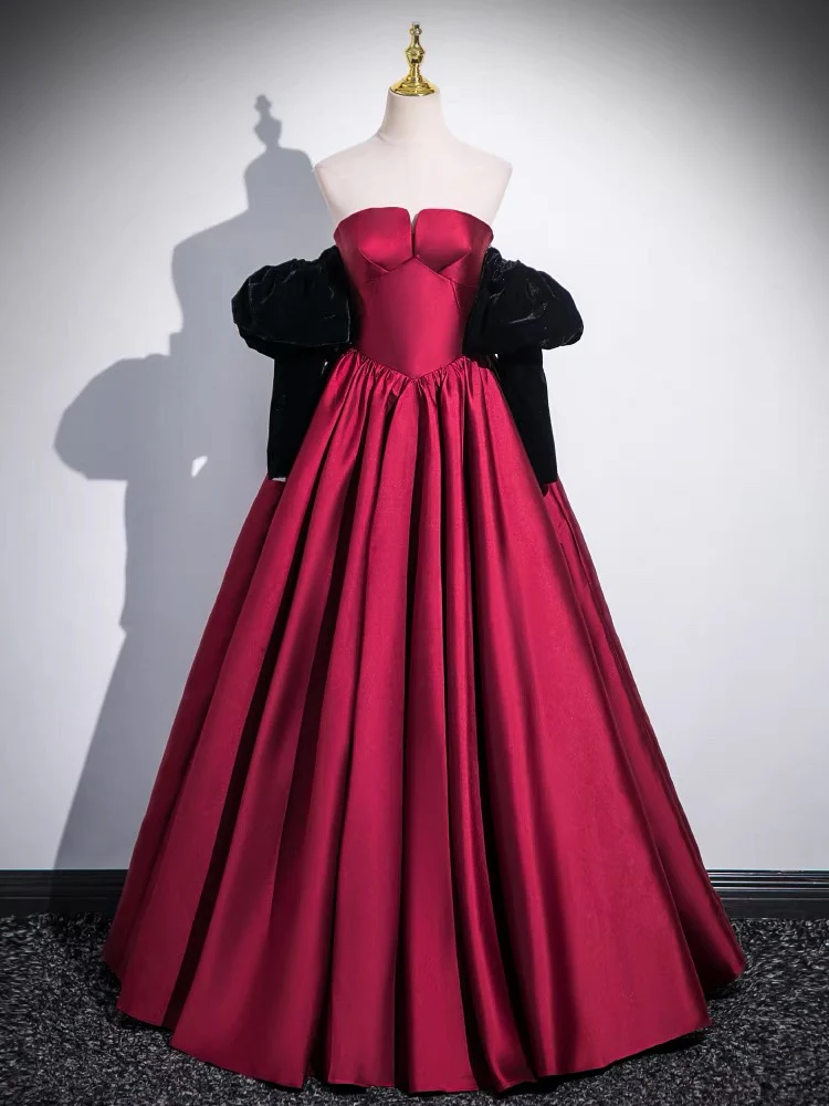 A-Line Satin Dark Red Long Prom Dress, Dark Red Long Evening Dress MD7