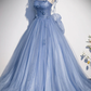 Blue Straps Appliques A-Line Tulle Long Prom Gown with Big Bowknot MD7271