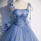 Blue Straps Appliques A-Line Tulle Long Prom Gown with Big Bowknot MD7271
