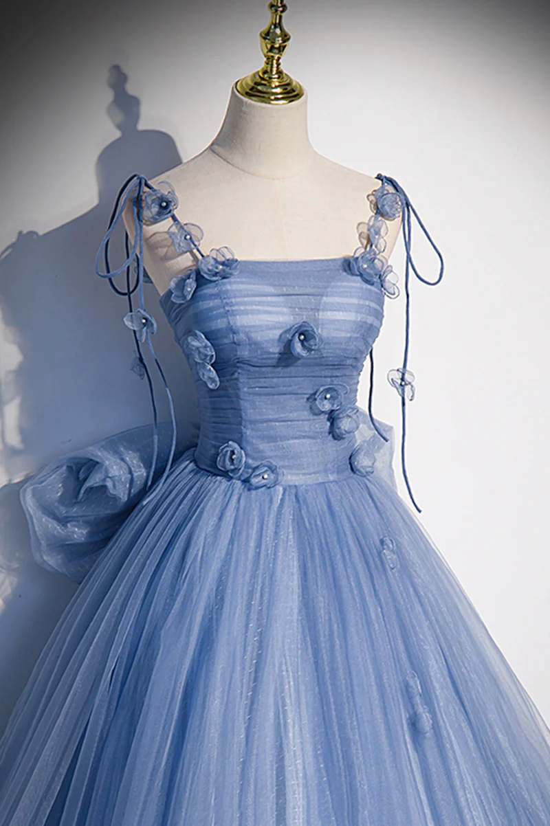 Blue Straps Appliques A-Line Tulle Long Prom Gown with Big Bowknot MD7271