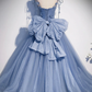 Blue Straps Appliques A-Line Tulle Long Prom Gown with Big Bowknot MD7271